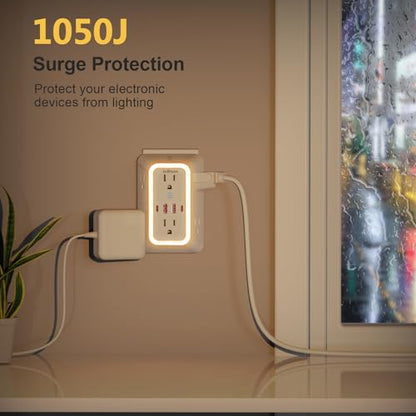 Wall Outlet Extender with Night Light, Power Plug Adapter Multi Plug Outlet Surge Protector with 4 USB Charging Ports (2 USB C), Adapter Spaced Outlets for Home Travel Office-ETL - color: White with Night Light