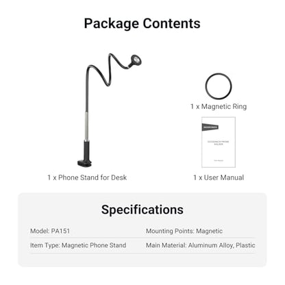 NEEWER Basics Magnetic Phone Stand for Desk, 360° Overhead Table Cellphone Holder Clamp Mount with Flexible Arm, Compatible with MagSafe iPhone Android Samsung for Bed Video Recording, PA151 Black