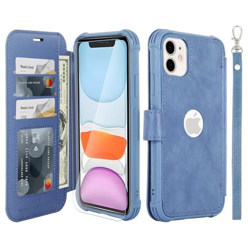 VANAVAGY Wallet Case for iPhone 11 6.1 inch, Blue | 12ft Drop-proof Cover for Women Men, Silm PU Leather, RFID Blocking Card Holder, Wrist Strap, Screen Protector - color: Blue