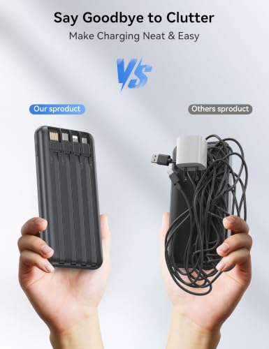 Nusyddy Portable Charger 10000mAh with 4 Built-in Cables & 6 Outputs Black - color: Black