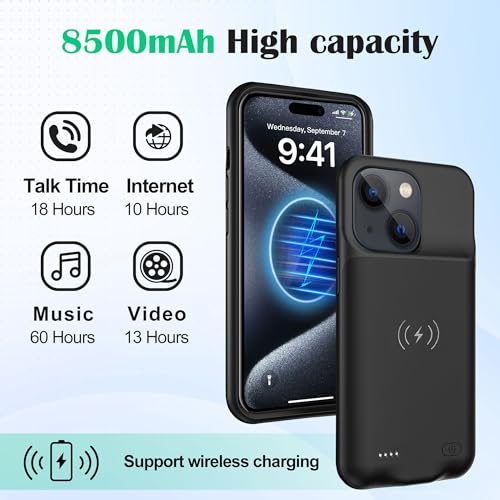 Battery Case Charger Made for iPhone 15 Pro Max, Type-C Ultra Slim Protective Charging Case, Wireless Slim 8500mAh Portable Rechargeable Charger - Black