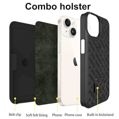 for iPhone 16 Pro Clip Case, Stand Holster, Screen Protector-Black | Camera Lens Protector, Swivel Kickstand Belt Holder, Slim Shell Pouch Full Body Protective,Rugged Shockproof Cell Phone Cover - size: iPhone 16 Pro
