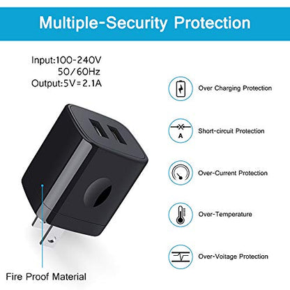Wall Charger Block,2.1A/5V Dual Port USB Wall Plug Power USB Adapter Plug - color: Black