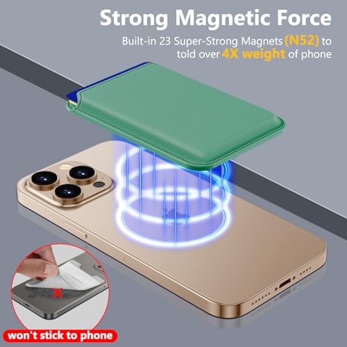 Upgraded MagSafe Wallet, Magnetic Phone Wallet 3 Cards Holder, 23 Magnets, Credit Card RFID Blocking, Slim Leather, Magnetic Wallets for iPhone 17/16/15/14/13/12 Series-Green - color: Green