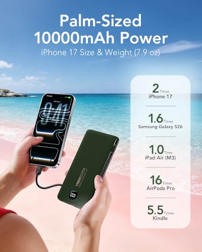 VEEKTOMX Portable Charger with Built-in Cables and AC Wall Plug, 10000mAh - color: Green