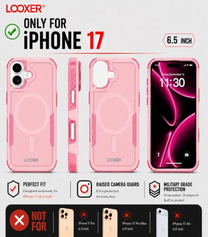 LOOXER® Heavy Duty Rugged Magnetic Case for iPhone 17 (6.3”) | Military Grade Shockproof Protection,MagSafe Compatible+ Tempered Glass Included (Pink, 17) - color: Pink, size: 17