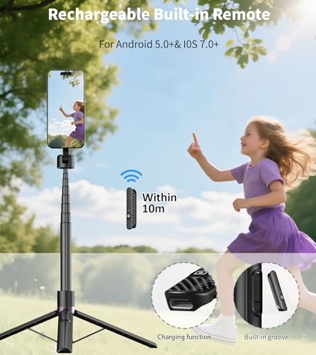 TONEOF 68" Magnetic Aluminum Phone Tripod Selfie Stick for iPhone & Android - color: Black