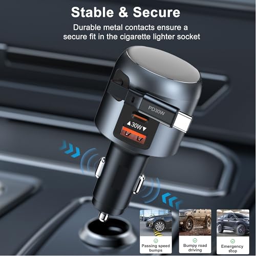 60W Retractable Car Charger, 3-Port USB-C Fast Charging Adapter - color: Black