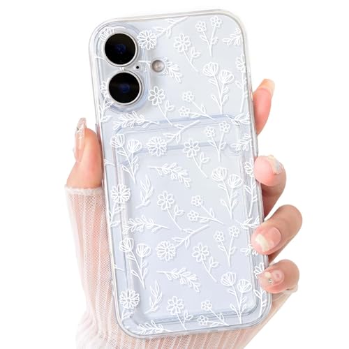 NITITOP Compatible with iPhone 16 Case Clear with Card Holder Cute Flower Floral Leave Pattern for Women Girl Shock Absorbing Soft TPU Wallet Case Protective Phone Cover - White - color: White, size: iPhone 16