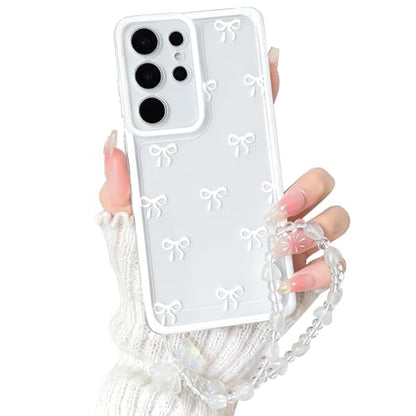 NITITOP Compatible with Samsung Galaxy S23 Ultra Case Clear Ribbon Bow Knot Pattern for Girls Women Bowknot Durable with Chain Wrist Strap Soft TPU Shockproof Protective Phone Cover - White2 - color: White, size: Samsung Galaxy S23 Ultra