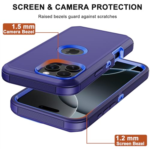 for iPhone 16 Pro Max Phone Case,Military Grade Drop Protection Cell Phone Cover with Belt Clip Holster Stand,Screen Protector x2 Rugged Kickstand for iPhone 16 Pro Max Case 6.9” (Blue) - color: Blue