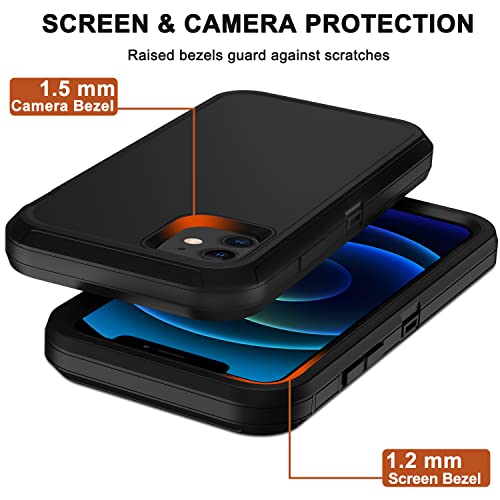 for iPhone 12 Case, iPhone 12 Pro Case with Belt Clip Holster, 2X Screen Protector, Heavy Duty Military Grade Full Body Shockproof Rugged Protective Cover for iPhone 12/12 Pro Black - color: Black