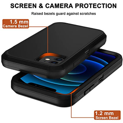 for iPhone 12 Case, iPhone 12 Pro Case with Belt Clip Holster, 2X Screen Protector, Heavy Duty Military Grade Full Body Shockproof Rugged Protective Cover for iPhone 12/12 Pro Black - color: Black