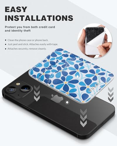 VULKIT Stick on Card Holder Compatible for iphone Leather Cell Phone Wallet Credit Card Case Strong Sticker for Women - color: Blue Bloom
