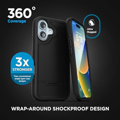 ENCASED Shockproof Case Compatible with iPhone 16 - Ultra Protective Heavy Duty Magnetic Phone Cover, Rebel Series (Black, for iPhone 16) - color: Black, size: iPhone 16