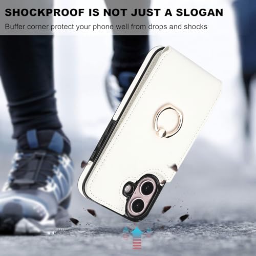Folosu Compatible with iPhone 16 Case Wallet with Card Holder, 360°Rotation Finger Ring Holder Kickstand, RFID Blocking Leather Protective Double Buttons Shockproof Cover 6.1 Inch White - color: White