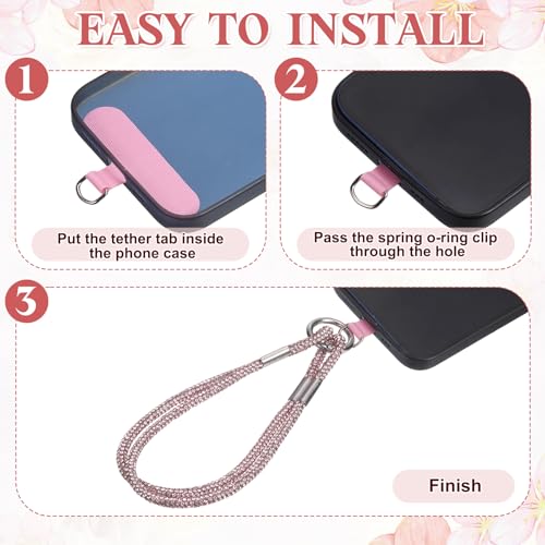 uxcell Phone Lanyard, Phone Wrist Rhinestone Strap Woven Lanyards Anti Theft Wristlet Straps with Tether Tabs - color: Pink