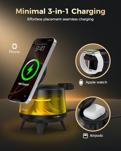 3 in 1 Wireless Charging Station for Apple Devices,Mag-Safe Charger Stand,Magnetic Wireless Charger Station,RGB Ambient Light,for iPhone 17 Pro Max 16 15 14 13 12,AirPods & Apple Watch Series