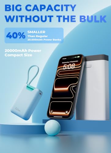 M2 Portable Charger, 20000mAh Power Bank, PD 35W Ultra Fast USB-C Built-in Cable, Compact Cute Mini External Battery Pack for iPhone, Samsung, Android iPad (Blue) - color: blue