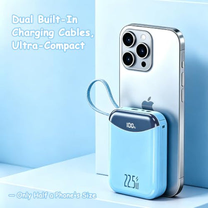 10000mAh Portable Charger with Built-in USB-C & Light-ning Cables, 22.5W Fast Charging Power Bank, Travel Battery Pack with LED Display for iPhone Samsung Android – Flight Approved - color: Cyan