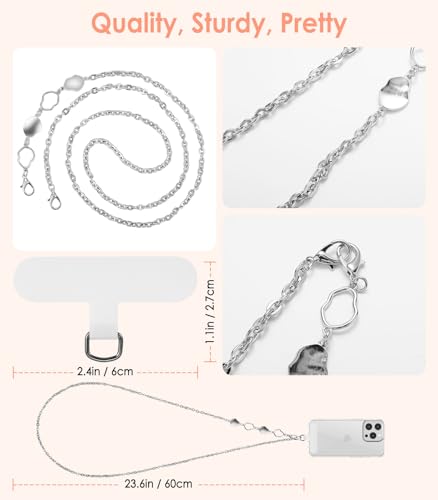 MoKo Universal Phone Lanyard, Metal Cell Phone Chain Crossbody Strap Anti-Theft Detachable Women Cellphone Lanyards Around The Neck with Patches for iPhone, Most Smartphones - Silver - color: Silver