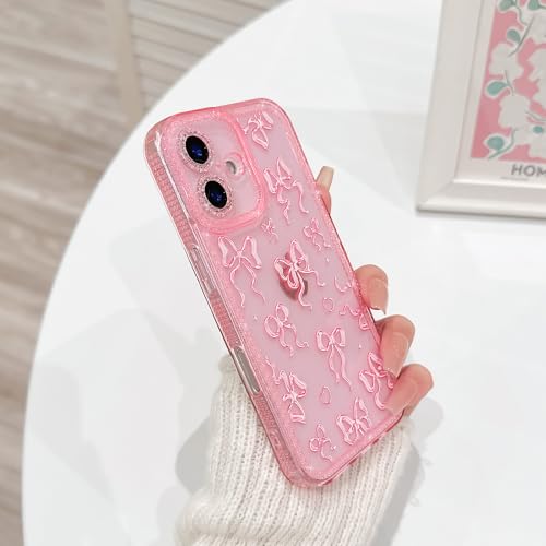 NITITOP Compatible with iPhone 16 Plus Case Cute Clear Pink Glitter Bow Knot Design Shiny Star Sparkle Bling Diamond Girls Women Soft TPU Shockproof Protective Phone Cover - Large Bow - color: Large Bow, size: iPhone 16 Plus