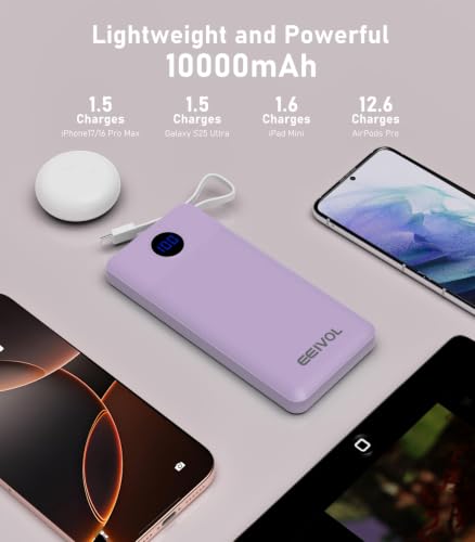Portable Charger, 10000mAh Power Bank Built-in 4 Cables, Travel Essential - color: Lilac