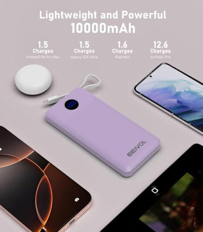 Portable Charger, 10000mAh Power Bank Built-in 4 Cables, Travel Essential - color: Lilac