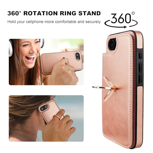 ONETOP for iPhone 17e/16e Wallet Case with Credit Card Holder,Rosegold | 360° Rotation Ring Kickstand,Finger Grip,Double Magnetic Clasp,RFID Blocking PU Leather Shockproof Cover for Women Men - color: Rose Gold