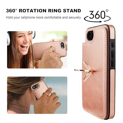 ONETOP for iPhone 17e/16e Wallet Case with Credit Card Holder,Rosegold | 360° Rotation Ring Kickstand,Finger Grip,Double Magnetic Clasp,RFID Blocking PU Leather Shockproof Cover for Women Men - color: Rose Gold