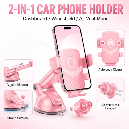 Pink Car Phone Holder, 360° Dashboard Windshield Air Vent Mount - color: Pink