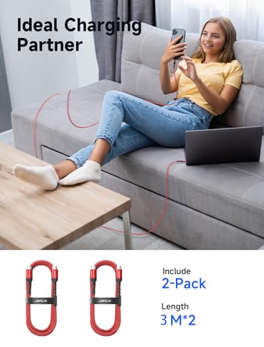 JSAUX 100W USB C to USB C Cable, 2-Pack 10FT, 5A Fast Charging, Red - color: Red, size: 10 ft+10 ft