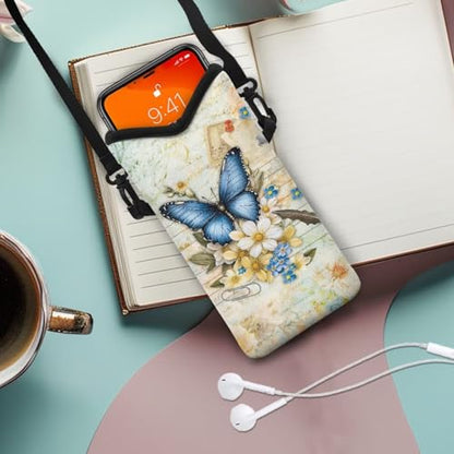 Small Phone Bag Water-Resistant Crossbody Pouch with Adjustable Strap Mini Cell Phone Case Satchel Fits Most Phones for Men Women, 8 x 4 Inch, Blue Butterfly Flower Letter Print Retro Style - color: Blue Butterfly Flower Letter Print