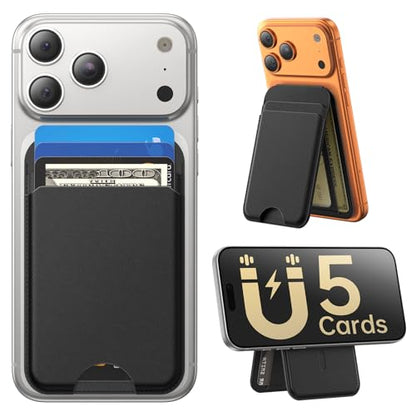 for MagSafe Wallet with Stand, 5 Card Holder, Slim Leather Magnetic Wallet for iPhone 17/16/15/14/13/12 Pro Max Plus Air Series, 3 Card Slots & 1 Cash Slot,Black - color: Black