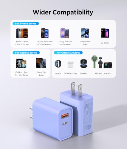 [2 Pack] 20W USB C Charger Block, Dual Ports Fast Charging Adapter - color: 2-Pack Lobelia Purple
