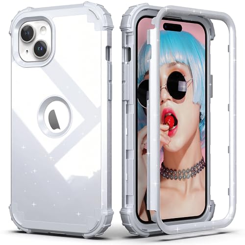 IDweel for iPhone 15 Case with Screen Protector,Luxury 3 in 1 Shockproof Slim Fit Hybrid Heavy Duty Protection Glitter Hard PC Cover Soft Silicone Sturdy Bumper Full Body Case,Glitter Grey - color: Glitter Grey