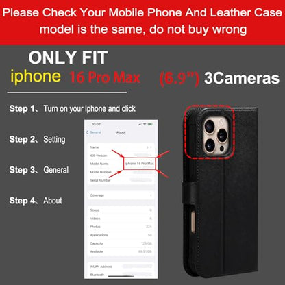 Leather Case Compatible with iPhone 16 Pro Max Wallet 6.9" Black | Genuine Leather 2-in-1 Magnetic Detachable Shockproof,Flip Folio Cover with Card Slot,Wireless Charging RFID Blocking - color: Black, size: 16 Pro Max
