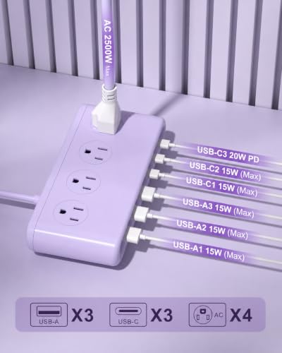 Power Strip with USB Port - 4AC & 6 USB(3USB C), Outlet Extender 5FT - color: Purple
