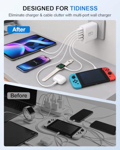 USB C Charger Block 60W, 2 Pack 5-Port Fast Charging Block with Cable