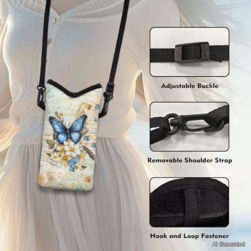 Small Phone Bag Water-Resistant Crossbody Pouch with Adjustable Strap Mini Cell Phone Case Satchel Fits Most Phones for Men Women, 8 x 4 Inch, Blue Butterfly Flower Letter Print Retro Style - color: Blue Butterfly Flower Letter Print