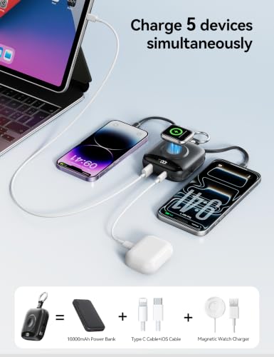 Portable Charger 10000mAh 22.5W Power Bank Built-in 2 Cables Keychain | Charge 5 Devices, TSA approved, Travel Fast Charging Battery Pack for iPhone Samsung Google Android & iWatch Charger, Black - color: Black