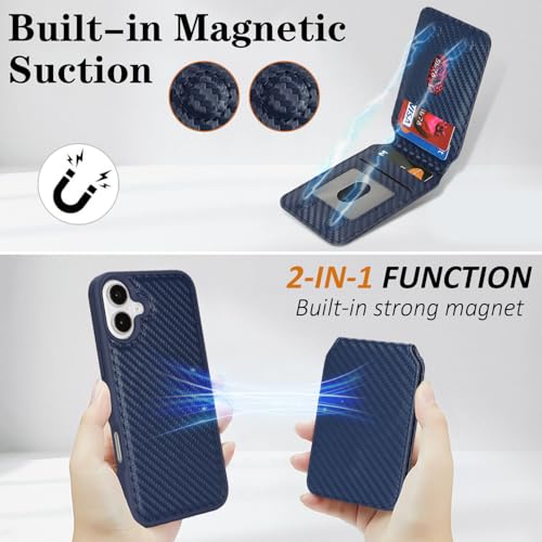 Ｈａｖａｙａ Carbon Fiber Wallet Case for iPhone 16 - Blue | Carbon fiber, detachable wallet, 5-card slots & kickstand, MagSafe 15W fast charge, raised bezels - color: Blue