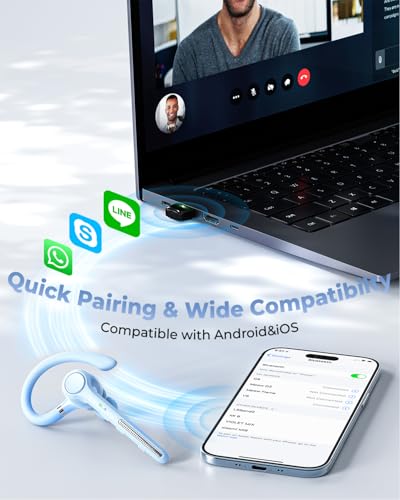 Ngsod Bluetooth Headset V5.4,USB Dongle Wireless Earpiece with Mic for Work - color: Light Blue
