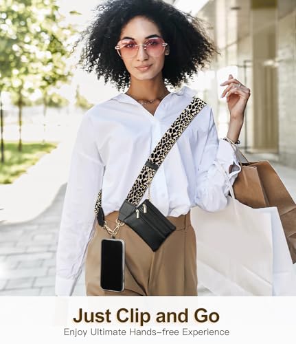 TiMOVO Clip and Go Phone Strap Crossbody with Leather Wallet, Adjustable Anti-Theft Lanyard with Pouch for Most Phone Case - color: Leopard