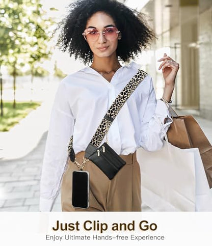 TiMOVO Clip and Go Phone Strap Crossbody with Leather Wallet, Adjustable Anti-Theft Lanyard with Pouch for Most Phone Case - color: Leopard