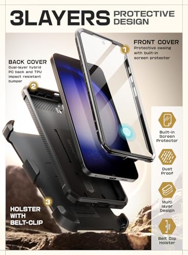 SUPCASE for Samsung Galaxy S24 Case with Stand [2 Front Frames] [Built-in Screen Protector & Belt-Clip] [Military-Grade Protection] Heavy Duty Rugged Kickstand Phone Case for Galaxy S24 6.2", Black | 2x Front Frame, Invisible Kickstand, Belt Clip Holster,
