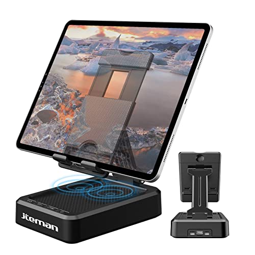 JTEMAN Tablet Stand with Bluetooth Speaker, Adjustable Foldable Desk Dock - color: Silver Black