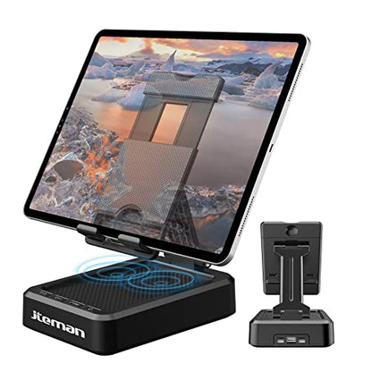JTEMAN Tablet Stand with Bluetooth Speaker, Adjustable Foldable Desk Dock - color: Silver Black