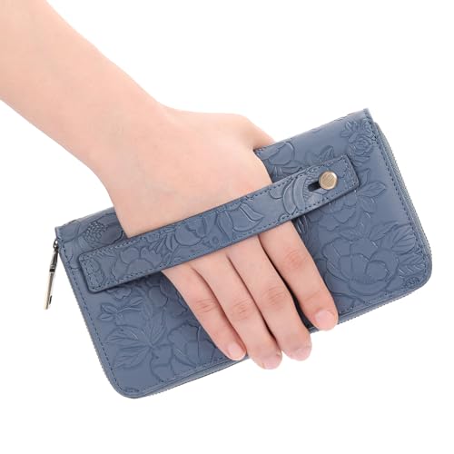 GAEKEAO RFID Leather Wristlet Wallet for Women with Grip Strap | Large capacity clutch wallet, credit card holder, wrist strap, zipper purse, travel and shopping - color: A12 Embossed Ocean Blue-1
