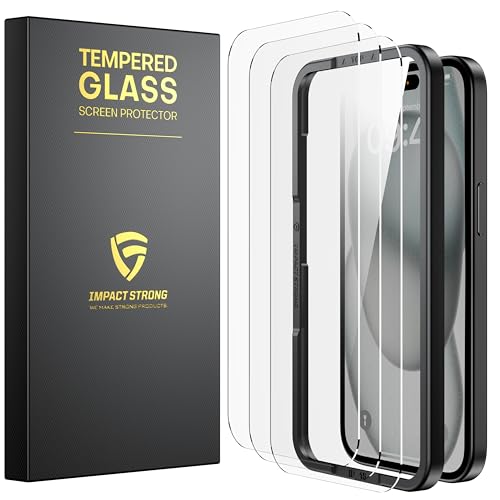 ImpactStrong 3-Pack Shatterproof Tempered Glass Screen Protector for iPhone 15 / iPhone 16 [Easy Installation Frame] [Bubble Free] [9H Hardness] [Full Coverage] Case Friendly, 6.1 Inch - size: iPhone 16/15